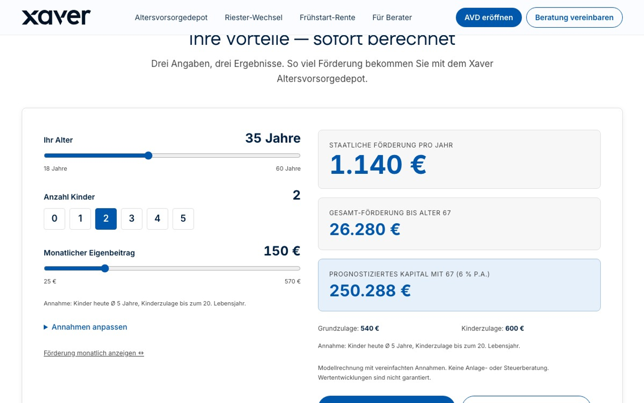 The AVD demo portal home page: the headline about the new pension account, three entry buttons, and on the right a photograph with a sample calculation of the basic allowance, the child allowance and the bonus laid over it.