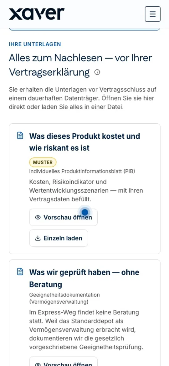 The completion journey on the phone: the progress bar above the choice between the advised route and the Standarddepot.