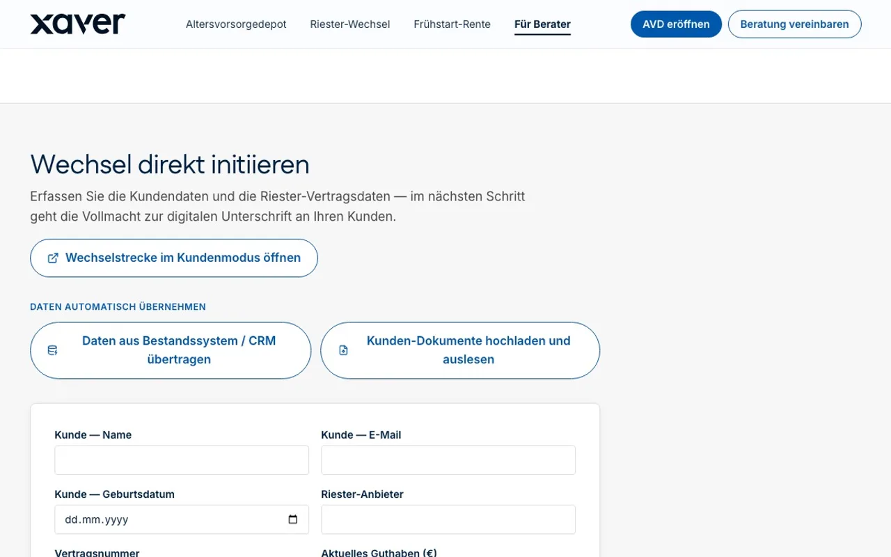 The joint appointment in the adviser portal: subsidy, profile and contract position side by side, with the actions for the Riester switch and the AVD completion below.