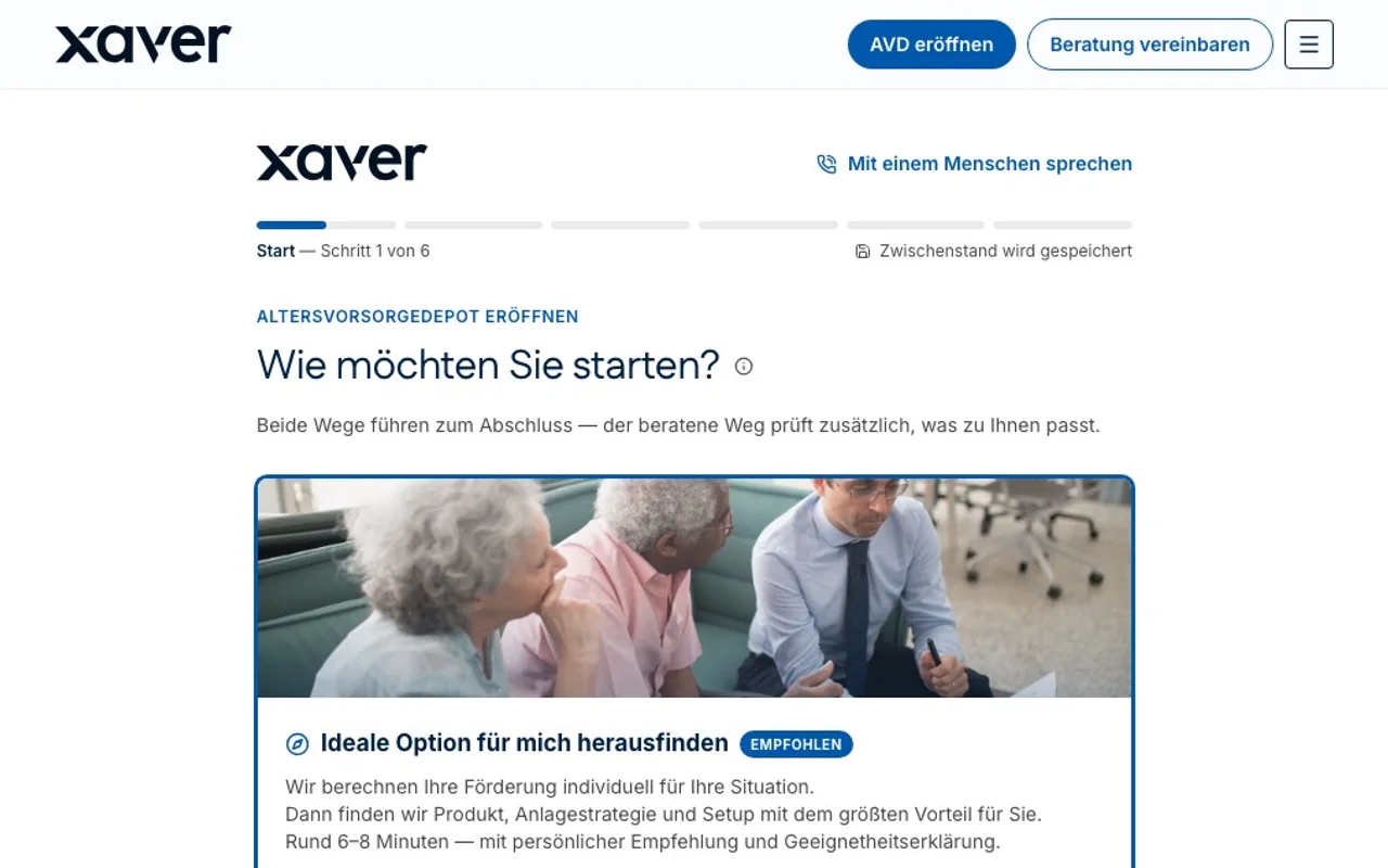 Tour durch die Abschlussstrecke im Express-Weg: Einstieg ohne Beratung, das gesetzliche Standarddepot im Überblick, die Geeignetheitsprüfung mit ihren sieben Fragen, die förderunschädliche Mitübertragung eines bestehenden Riester-Guthabens und zum Schluss die Unterlagen, die vor der Vertragserklärung bereitliegen.