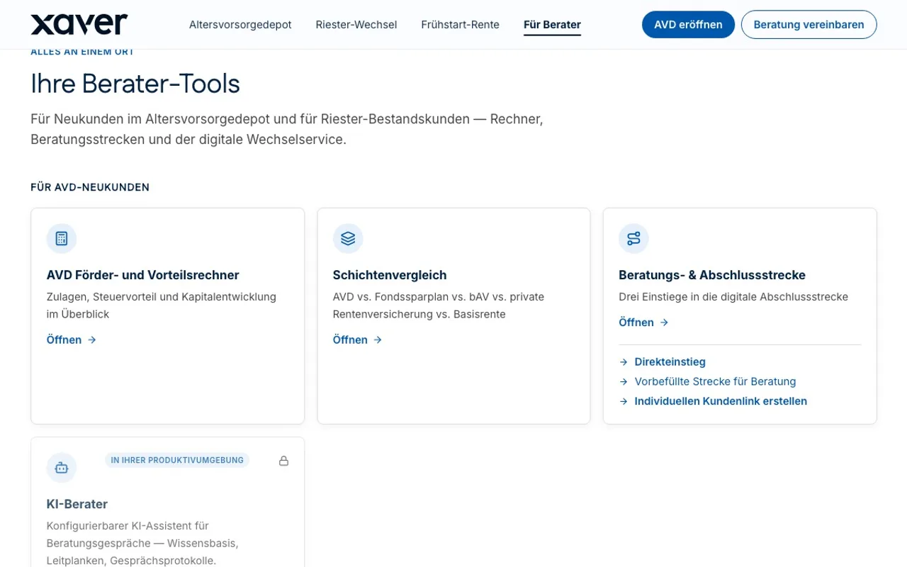 Tour durch das Beraterportal: die Werkzeuge für AVD-Neukunden mit Vorteilsrechner, Schichtenvergleich und den drei Einstiegen in die Abschlussstrecke, darunter die Werkzeuge für den Riester-Bestand, die Karten für Vertrags-Check, digitale Vollmacht und automatisierte Antragsstrecke, der Start des Beratungs-Copiloten und zum Schluss ein direkt initiierter Wechsel bis zum Versand der Vollmacht zur Unterschrift.